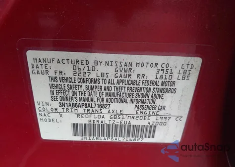 2010 Nissan Sentra 2.0S z USA, uszkodzony, nr VIN 3N1AB6AP8AL716827